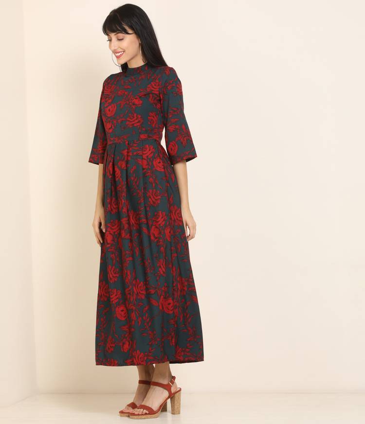 Women Fit and Flare Dark Green, Red Dress