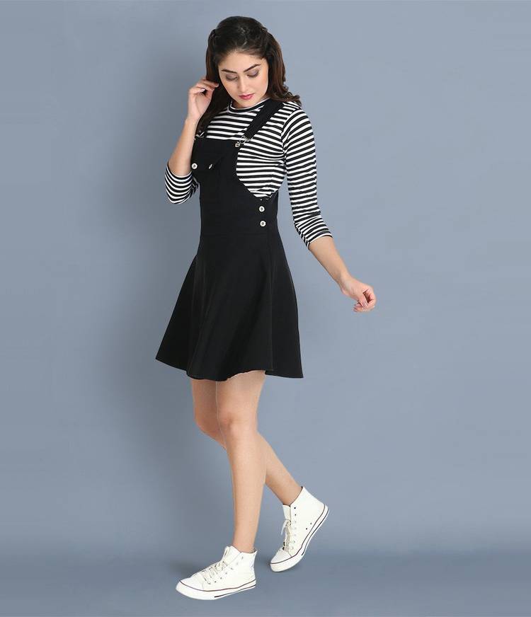 Women Pinafore Black, White Dress