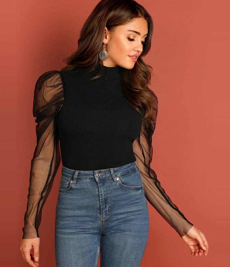 Casual Juliet Sleeve Solid Women Black Top Price in India