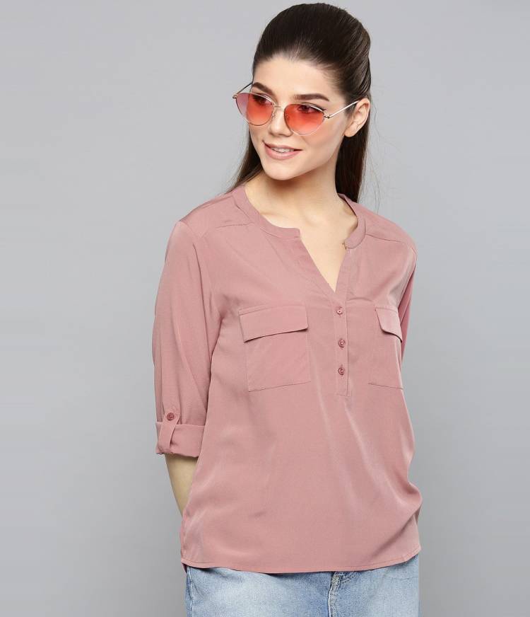Casual Roll Up Sleeves Solid Women Pink Top Price in India