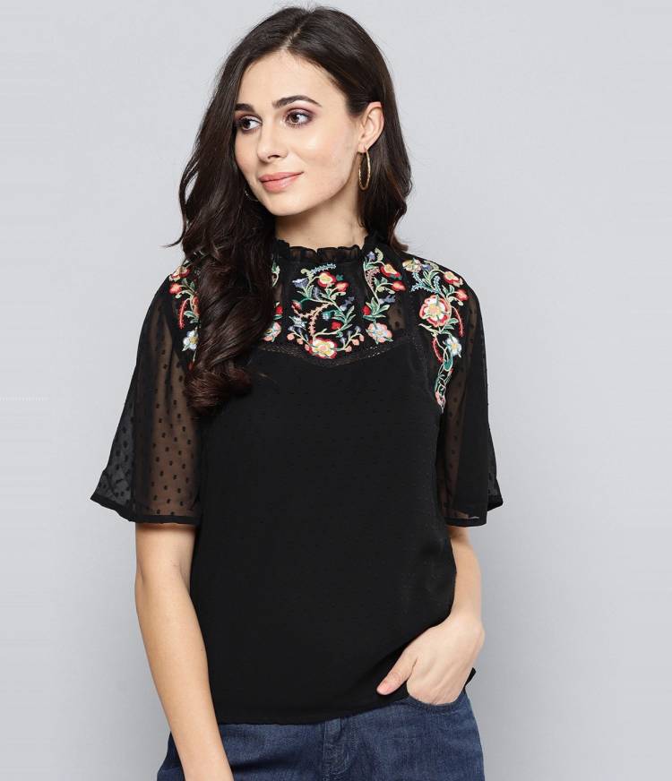Casual Flared Sleeves Embroidered Women Black Top Price in India