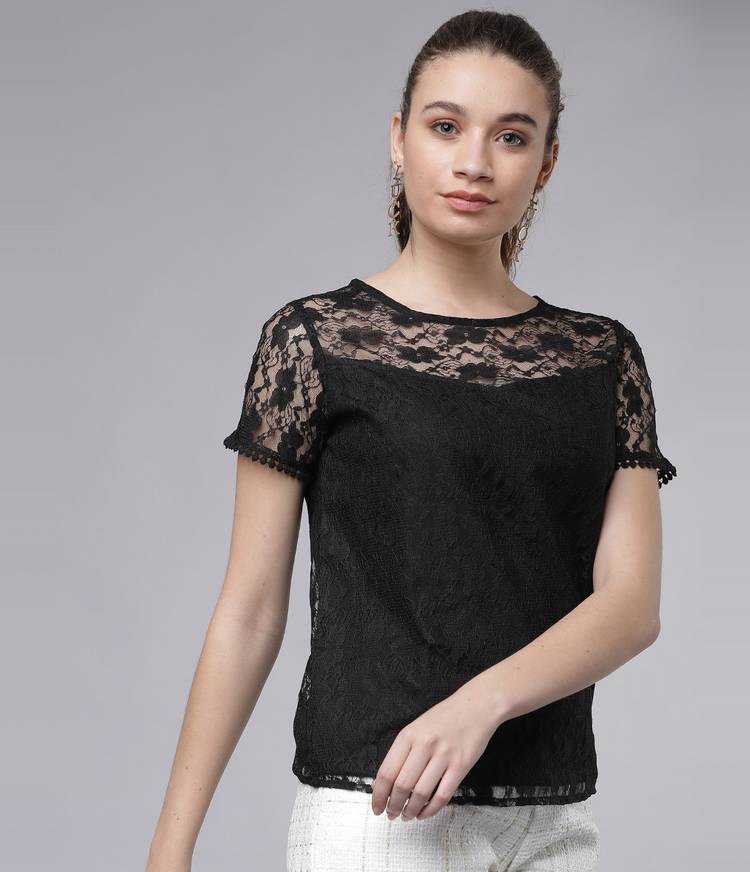 Casual Half Sleeve Self Design Women Black Top