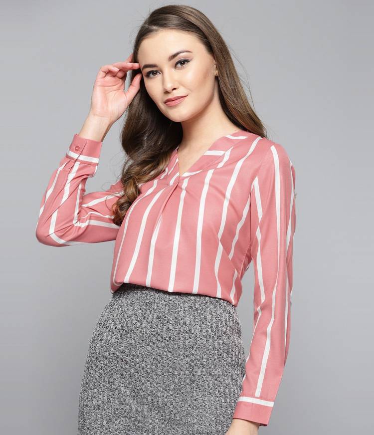 Casual Regular Sleeve Striped Women Pink Top Price in India