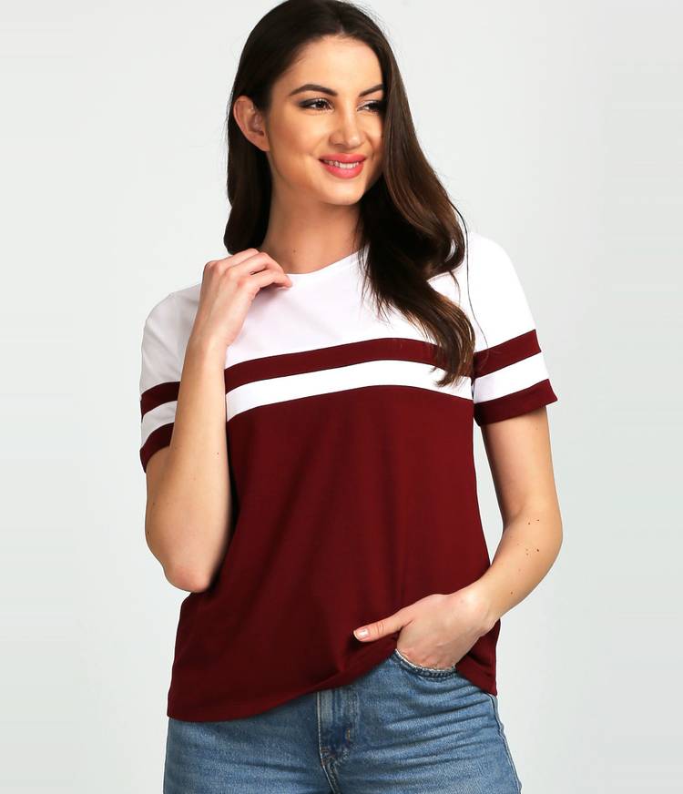 Casual Regular Sleeves Color Block Women White, Maroon Top