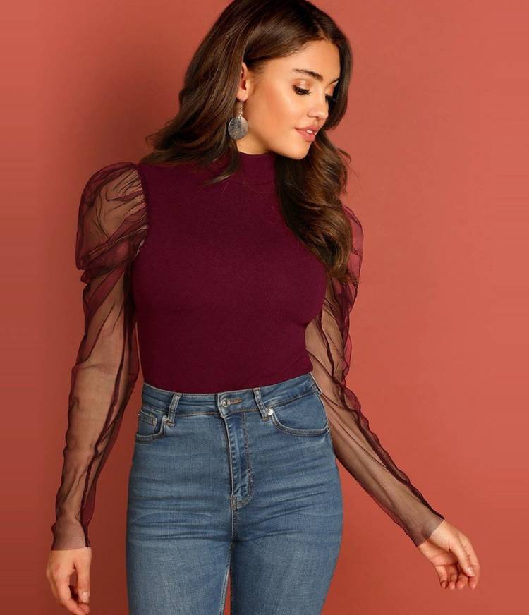 Casual Juliet Sleeve Solid Women Maroon Top