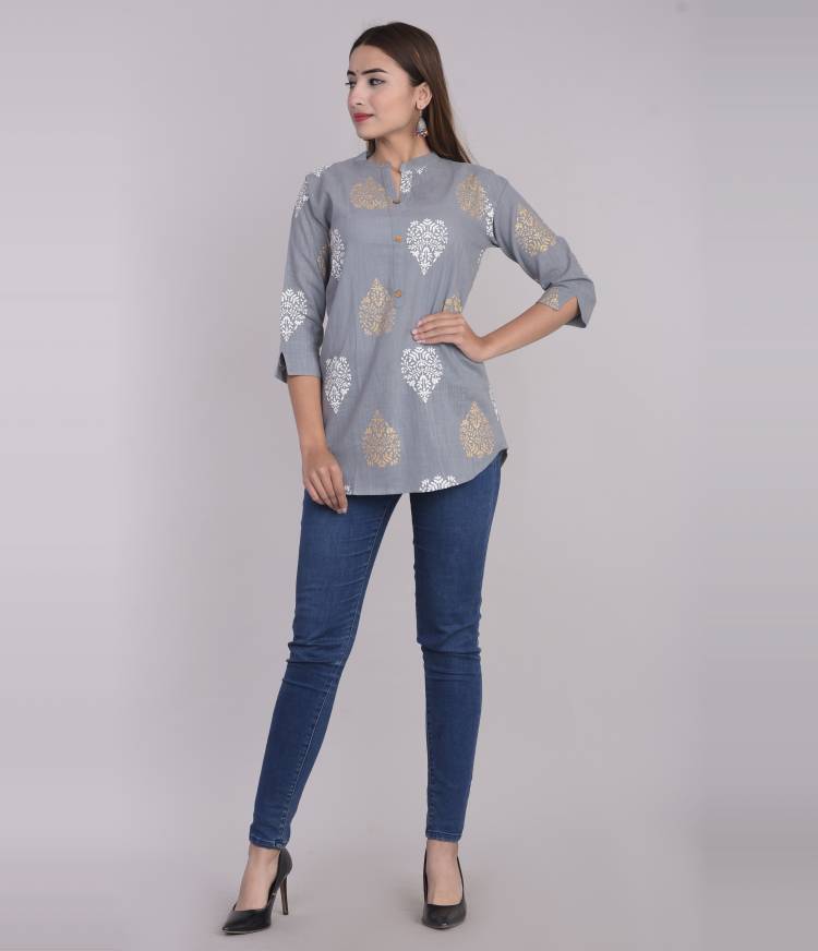 Casual Regular Sleeves Printed Women Grey Top Price in India