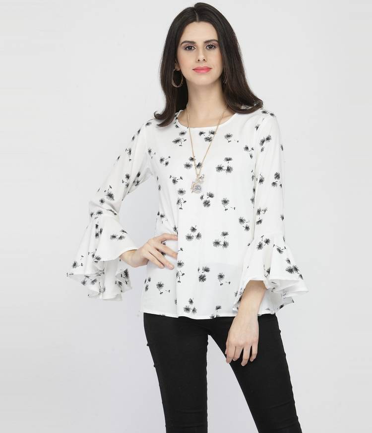 Casual Bell Sleeves Printed Women White Top