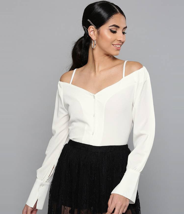 Casual Cuffed Sleeve Solid Women White Top