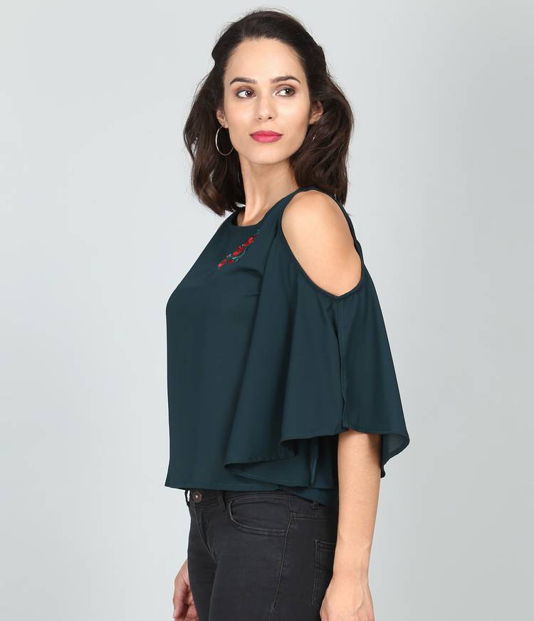 Casual Cold Shoulder Sleeves Embroidered Women Green Top