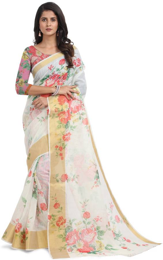 Digital Print, Floral Print Chanderi Poly Chanderi Saree