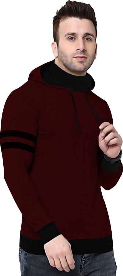 Solid Men Hooded Neck Maroon T-Shirt Price in India