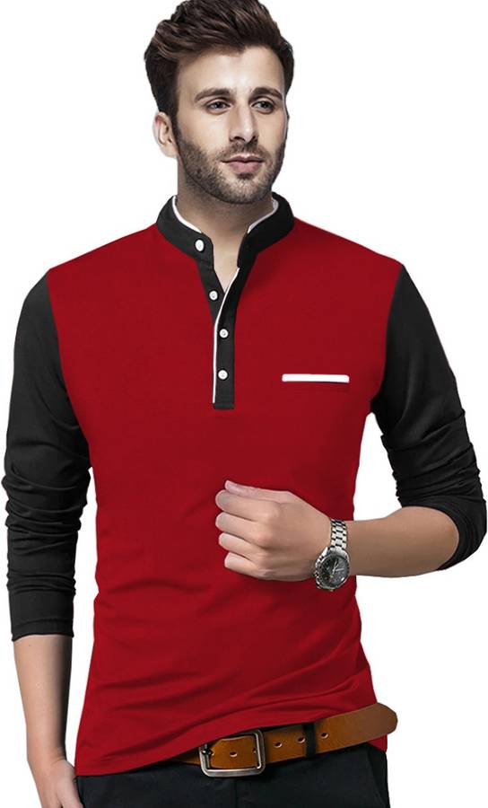 Solid Men Henley Neck Red, Black T-Shirt
