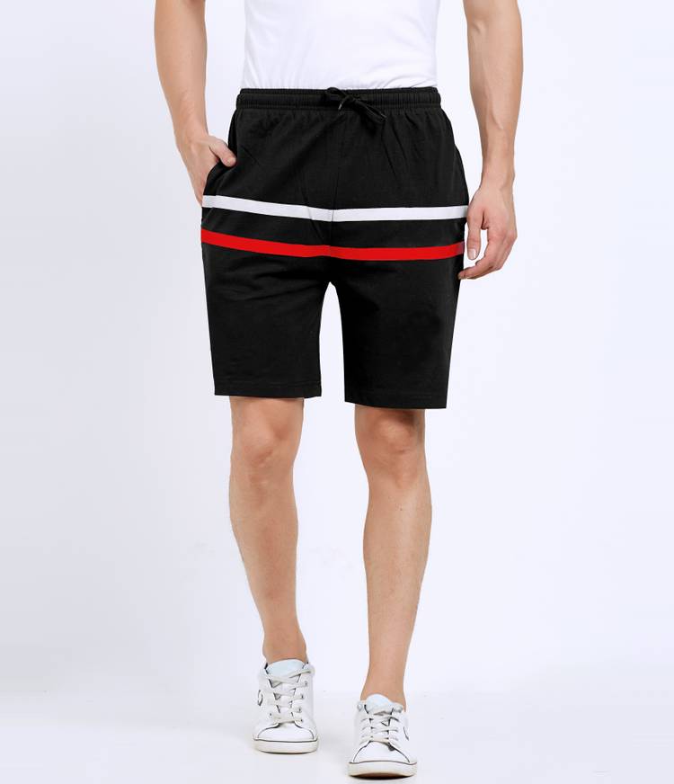 Striped Men Black Basic Shorts, Regular Shorts, Sports Shorts