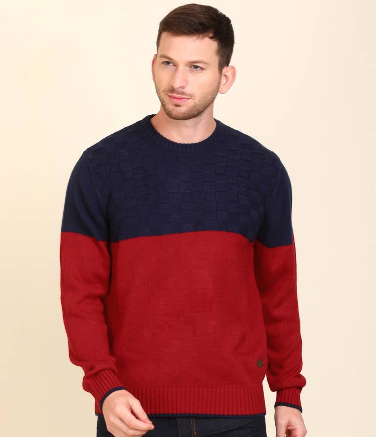 Solid Round Neck Casual Men Dark Blue, Red Sweater