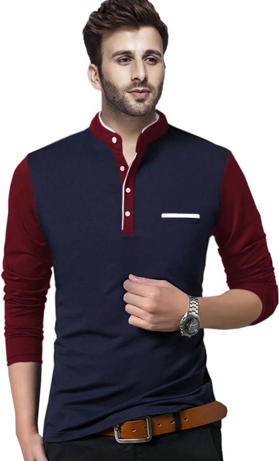 Solid Men Henley Neck Dark Blue, Maroon T-Shirt Price in India