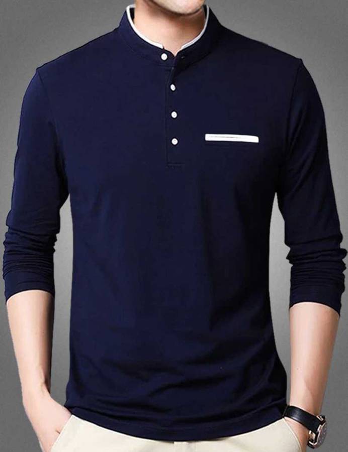 Solid Men Mandarin Collar Dark Blue T-Shirt