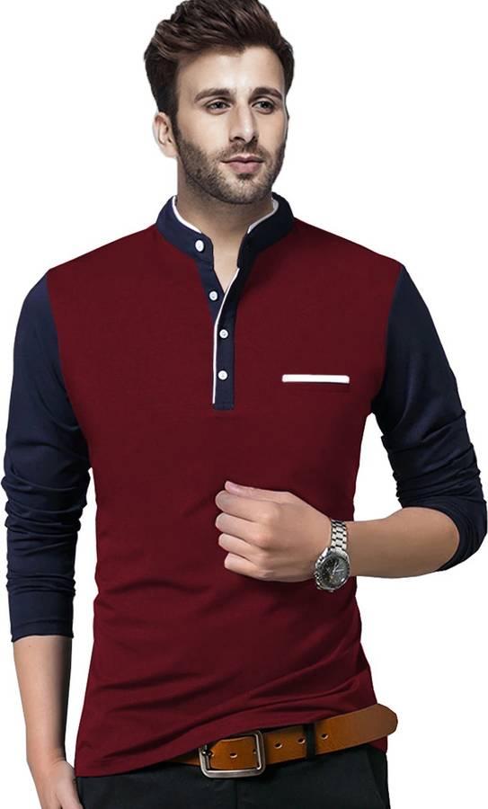 Solid Men Henley Neck Maroon, Dark Blue T-Shirt Price in India