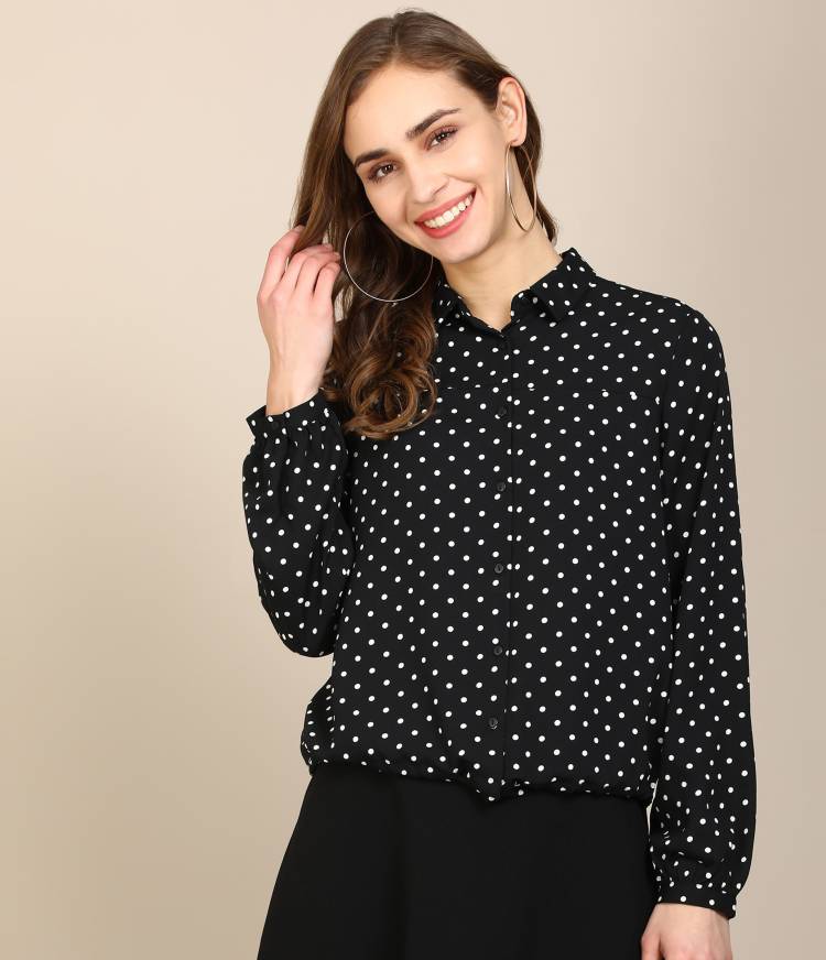 Casual Regular Sleeves Polka Print Women White, Black Top Price in India