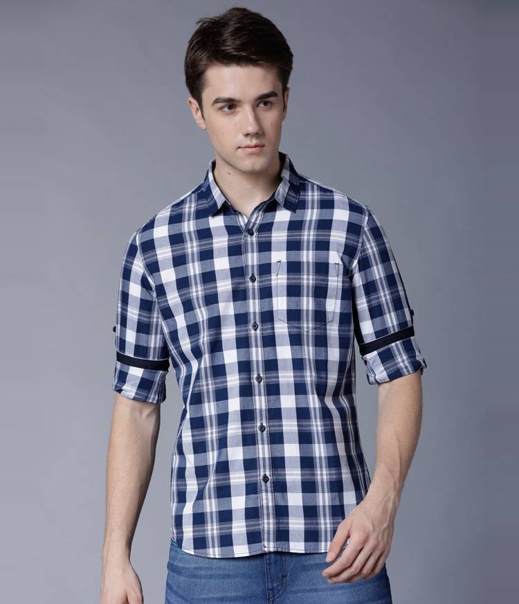 Men Slim Fit Checkered Spread Collar Casual Shirt Price in India