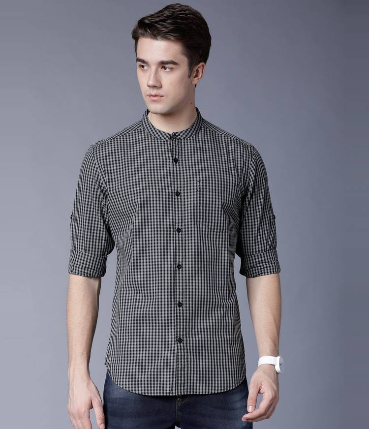 Men Slim Fit Checkered Mandarin Collar Casual Shirt