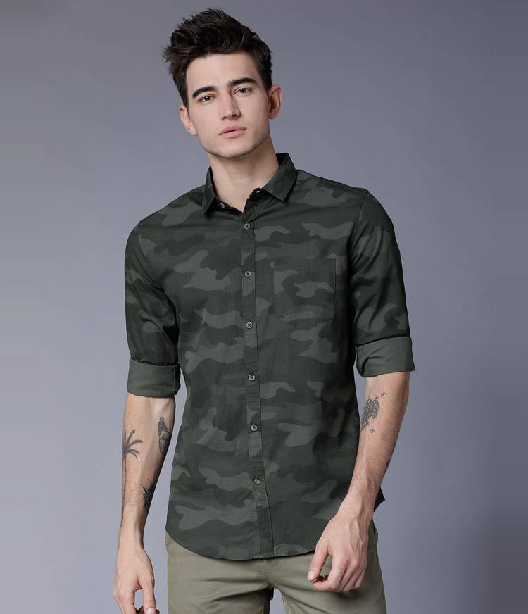 Men Slim Fit Military Camouflage Slim Collar Casual Shirt