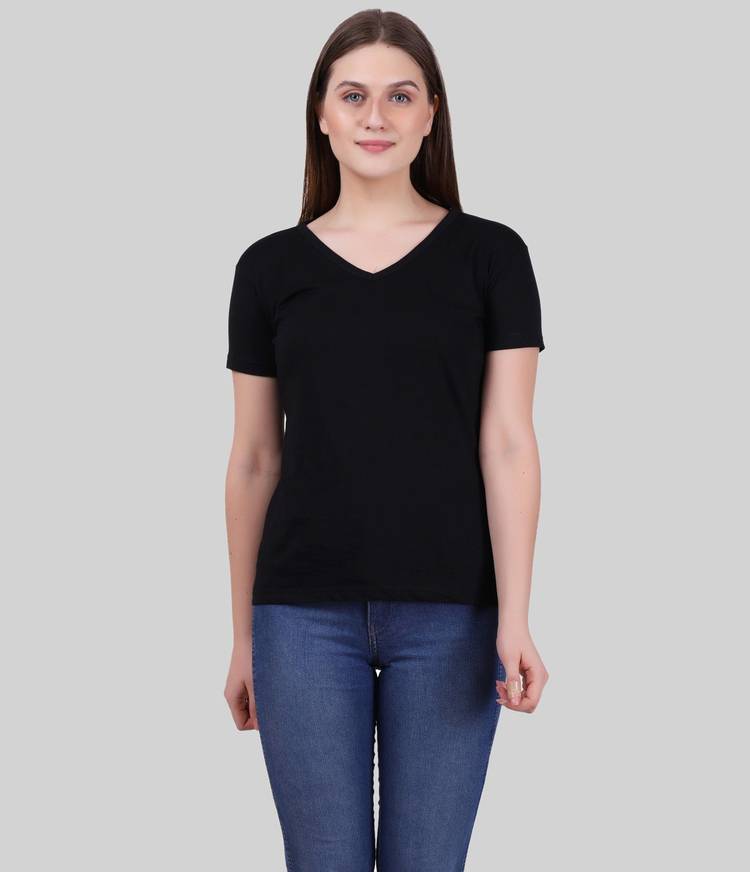 Solid Women V Neck Black T-Shirt