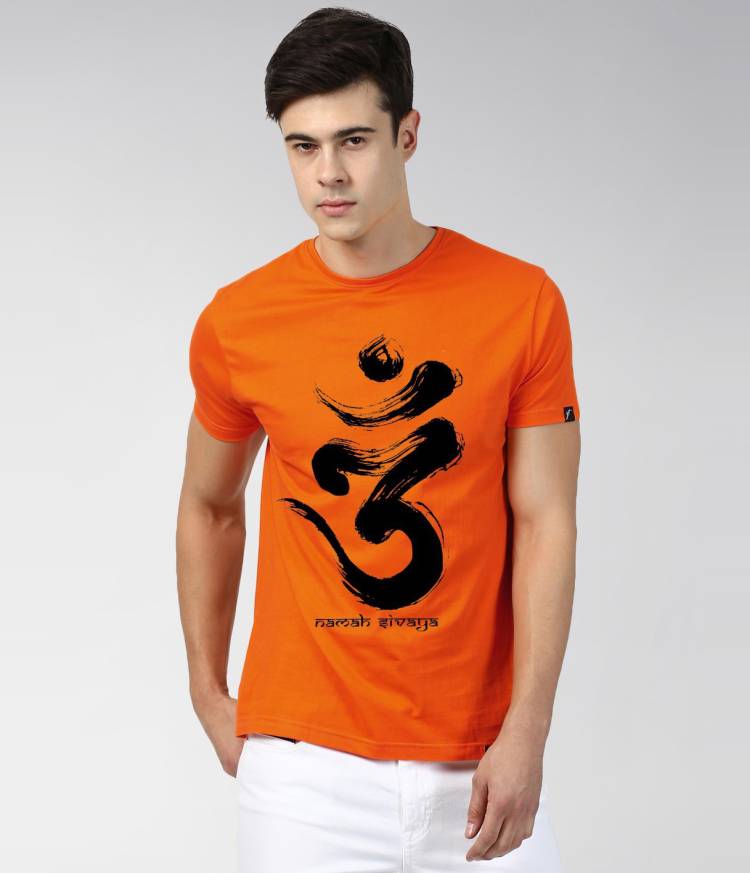 Printed Men Round Neck Orange T-Shirt Price in India