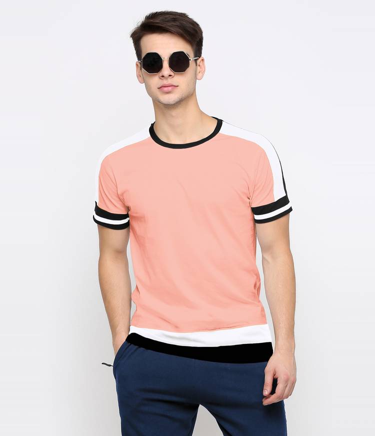 Color Block Men Round Neck White, Pink, Black T-Shirt