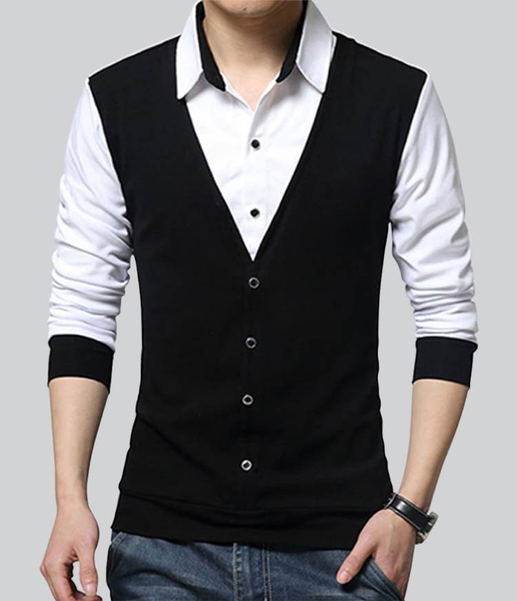 Solid Men Polo Neck White, Black T-Shirt Price in India