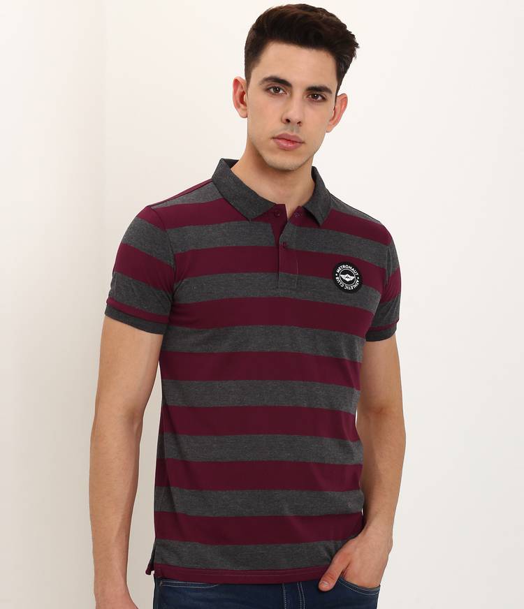 Striped, Applique Men Polo Neck Maroon, Grey T-Shirt