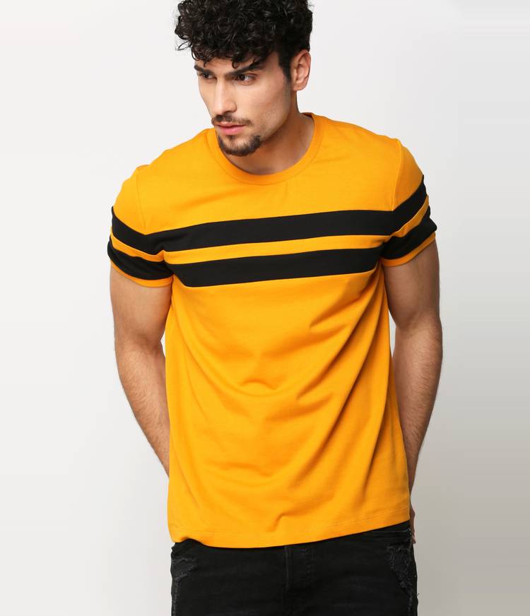 Broad Stripes Men Round Neck Black, Yellow T-Shirt