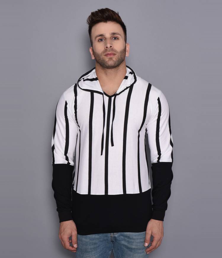 Striped Men Hooded Neck White, Black T-Shirt Price in India