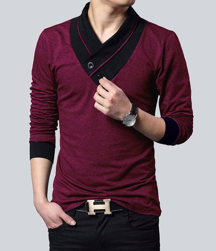 Solid Men Shawl Neck Maroon T-Shirt