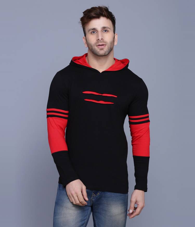 Solid Men Hooded Neck Black T-Shirt Price in India