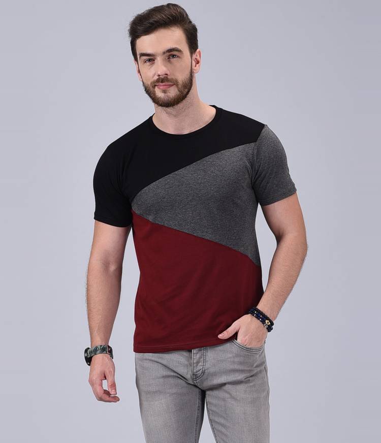 Color Block Men Round Neck Maroon, Black, Grey T-Shirt Price in India