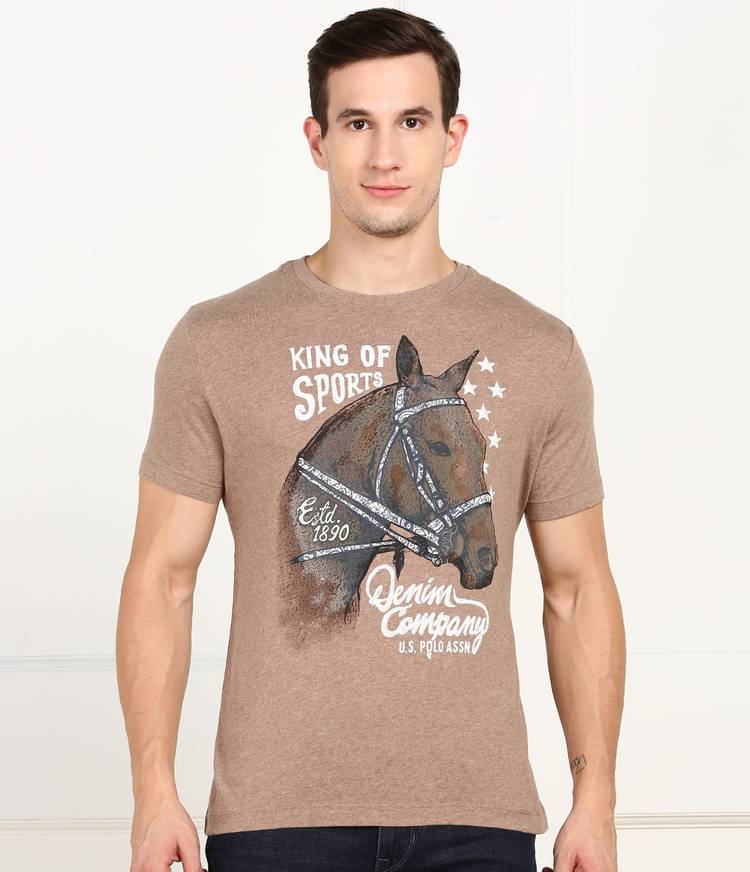 Graphic Print Men Round Neck Brown T-Shirt