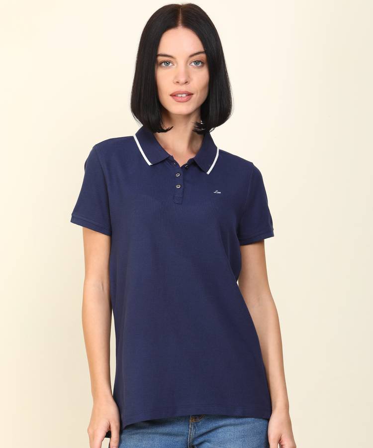 Solid Women Polo Neck Blue T-Shirt