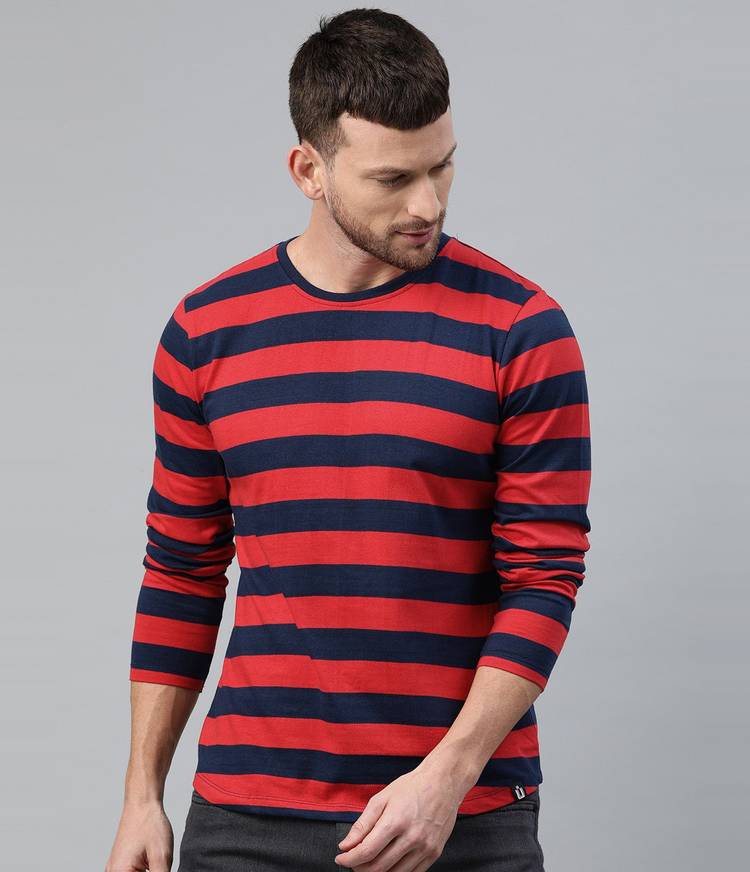 Striped Men Round Neck Dark Blue, Red T-Shirt