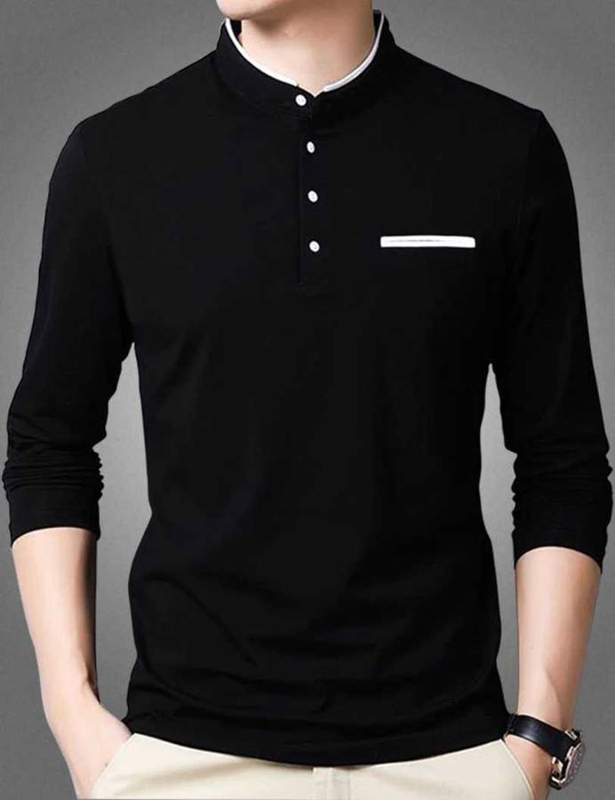 Solid Men Mandarin Collar Black T-Shirt Price in India