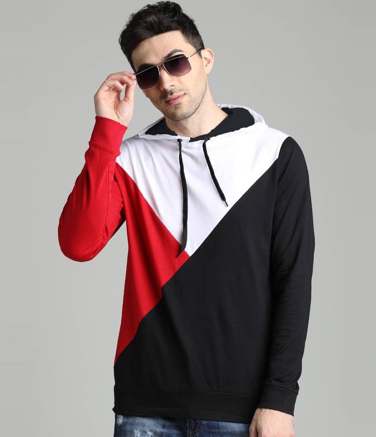 Color Block Men Hooded Neck Red, White, Black T-Shirt Price in India