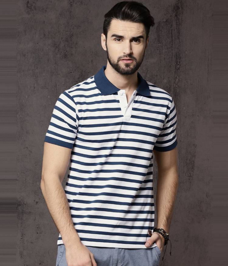 Striped Men Polo Neck Dark Blue, White T-Shirt