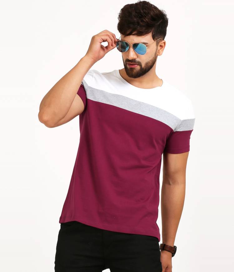 Color Block Men Round Neck White, Maroon T-Shirt Price in India
