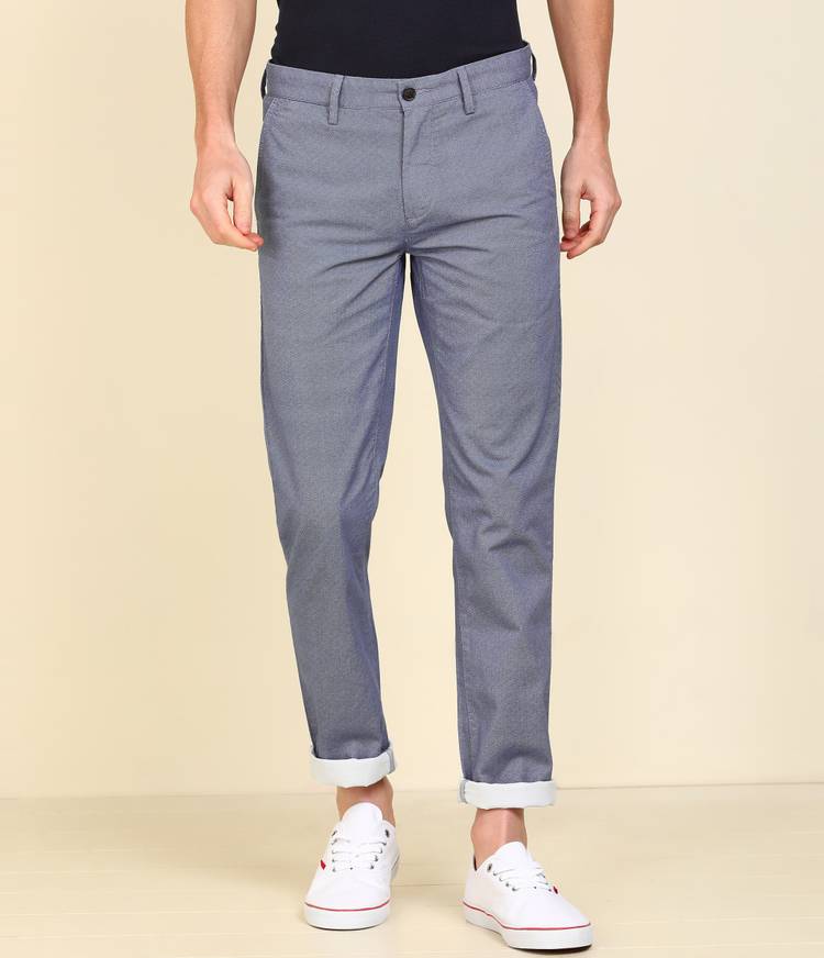 Slim Fit Men White, Blue Pure Cotton Trousers