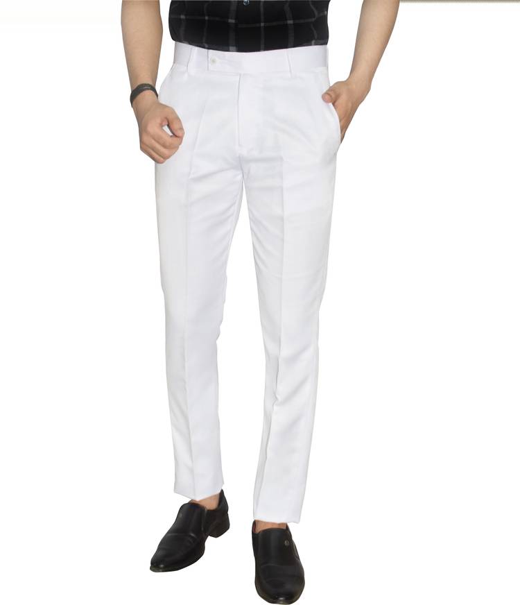 Slim Fit Men White Polyester Viscose Blend Trousers