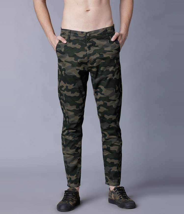 Tapered Men Green Cotton Lycra Blend Trousers