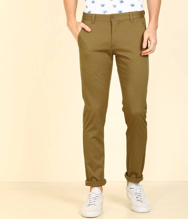 Slim Fit Men Khaki Cotton Blend Trousers