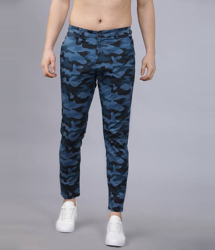 Tapered Men Blue Cotton Lycra Blend Trousers