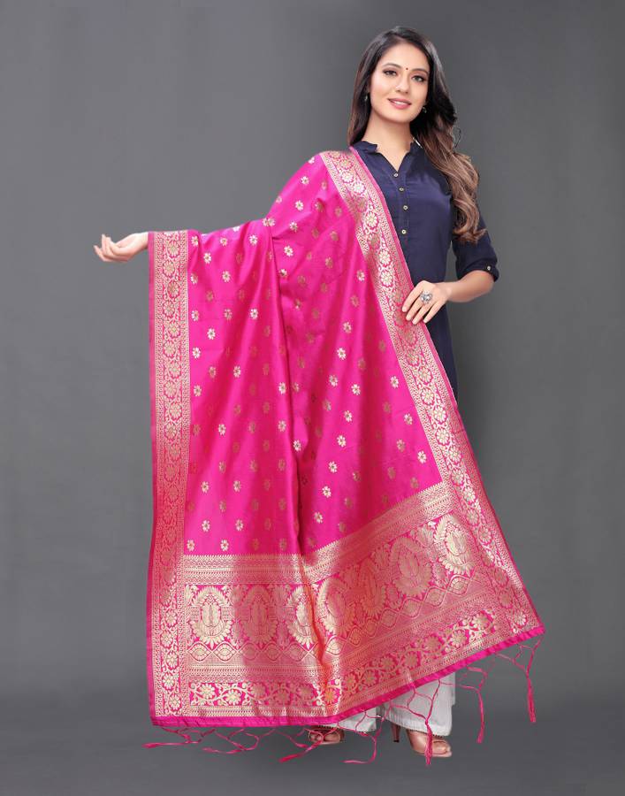 Silk Blend Woven, Embellished Pink Women Dupatta
