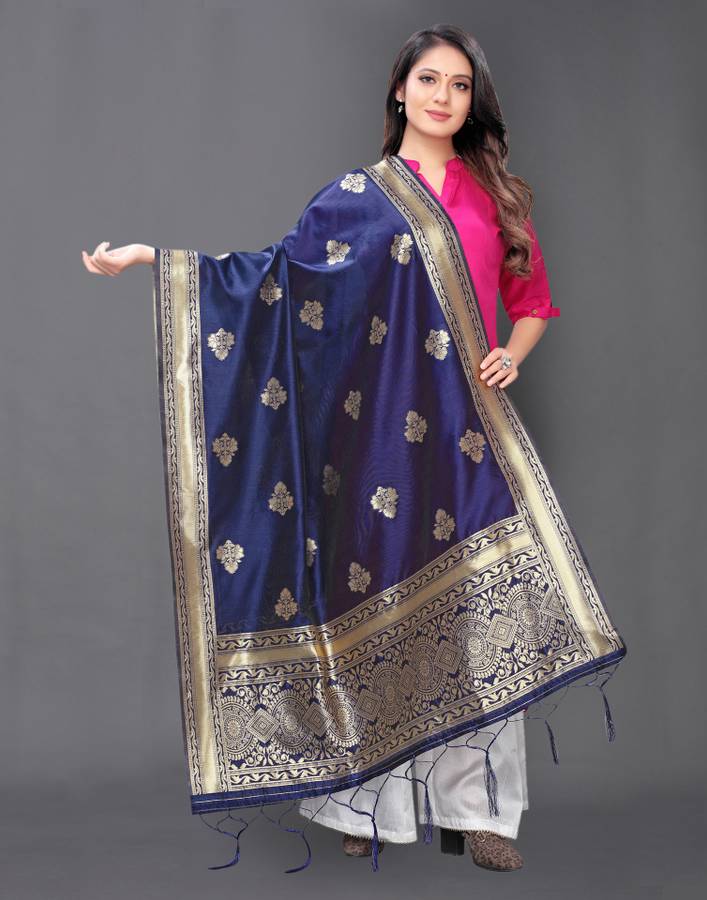 Silk Blend Woven, Embellished Dark Blue Women Dupatta