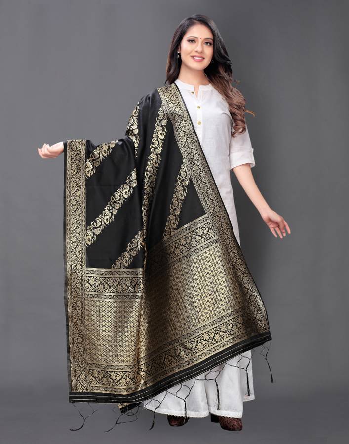 Silk Blend Striped, Woven, Embellished Black Women Dupatta